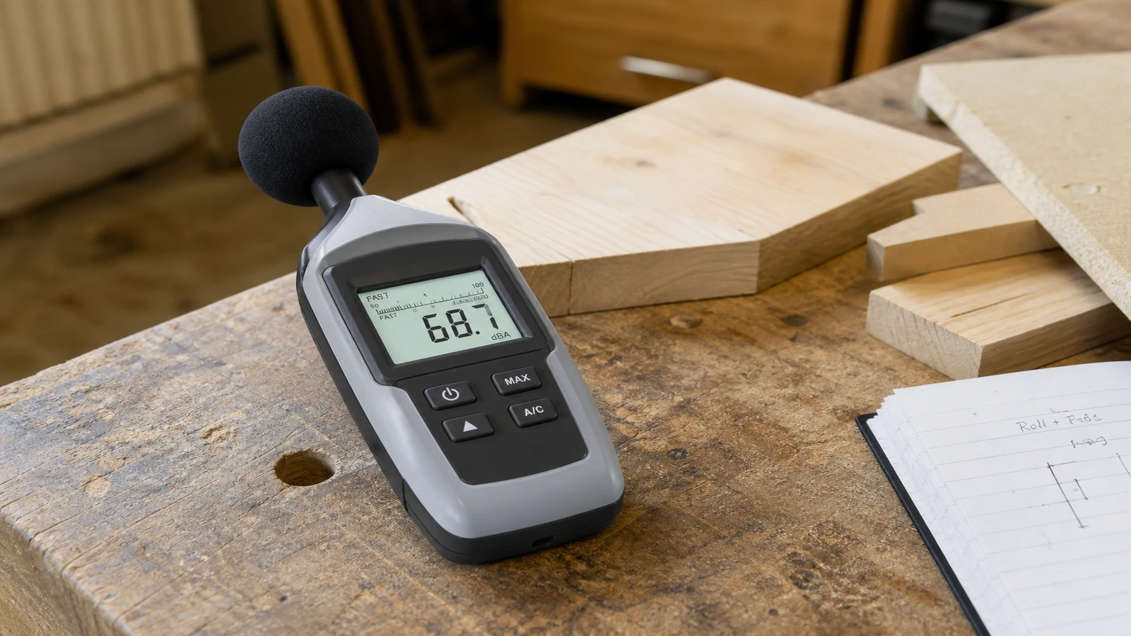 CENTER-32 digital sound level meter on a UK workbench for preliminary workshop noise readings