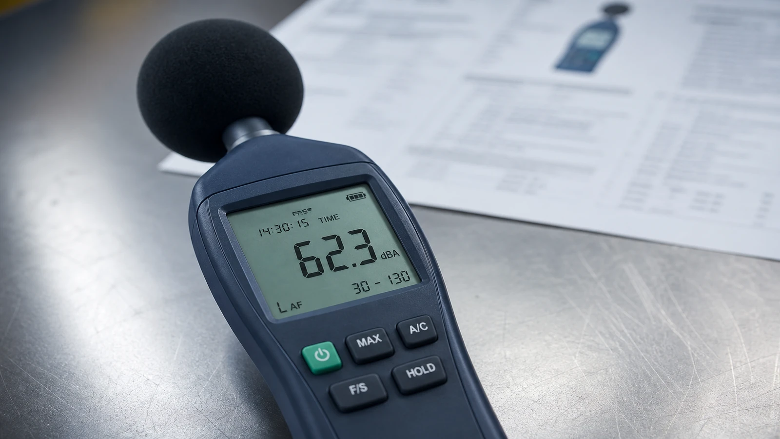 CENTER-32 digital sound level meter on a bench, illustrating title wording versus paperwork