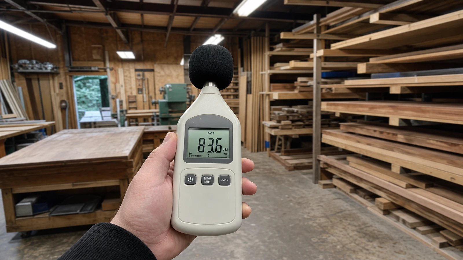 CENTER-32 digital sound level meter with a readable display for UK workshop use