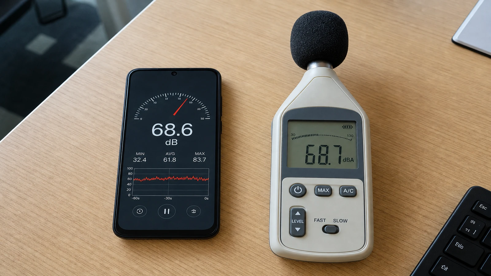 Dedicated CENTER-32 sound level meter beside a phone used for a rough decibel check